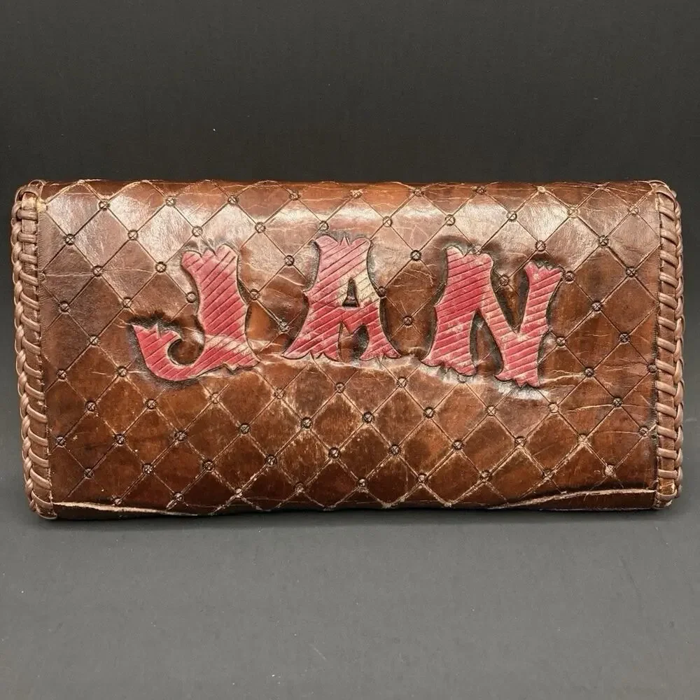 Vintage Hand Made Carved Leather Red Brown Tree Flower Floral Wallet Card Holder